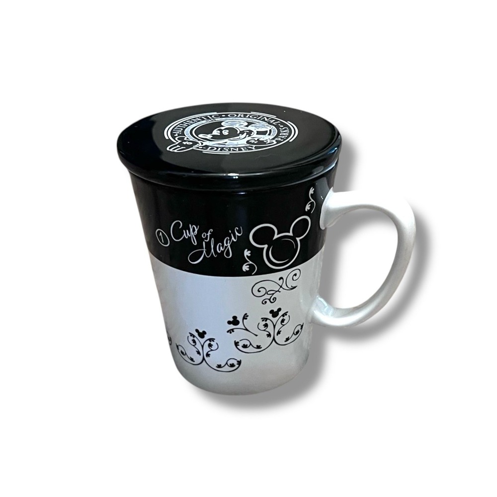 Disney Mug and Lid‎ Black White Mickey Mouse "1 Cup of Magic" Coffee Tea WDW